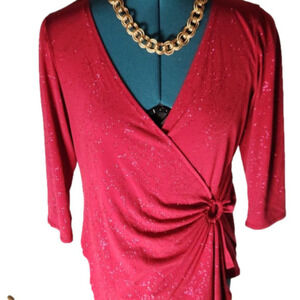 P057 Reitmans Raspberry Merlot sparkly holiday crossover holiday top |L